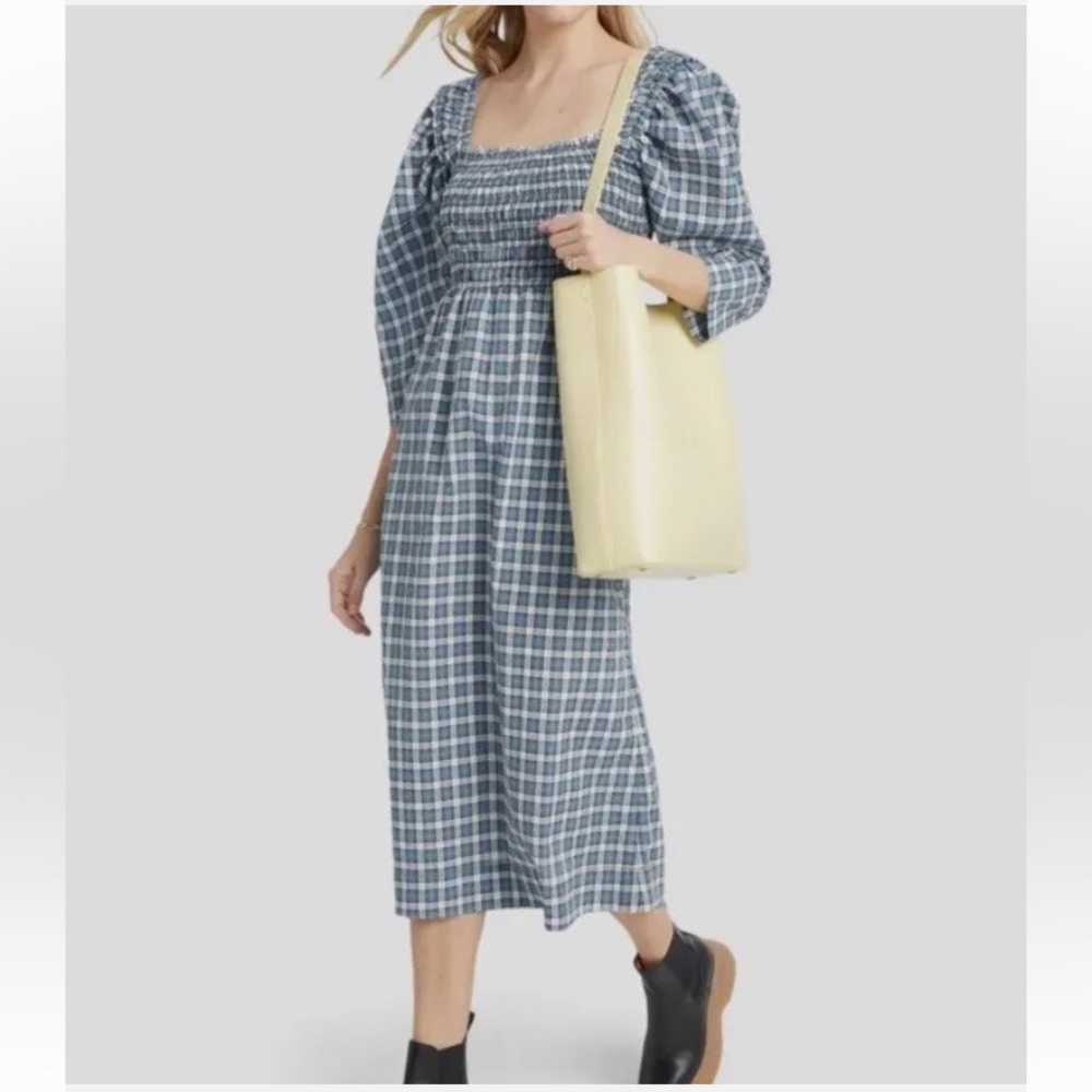 GANNI Seersucker Check Smock Midi Dress - Azure Blue size 8 - Picture 3 of 14